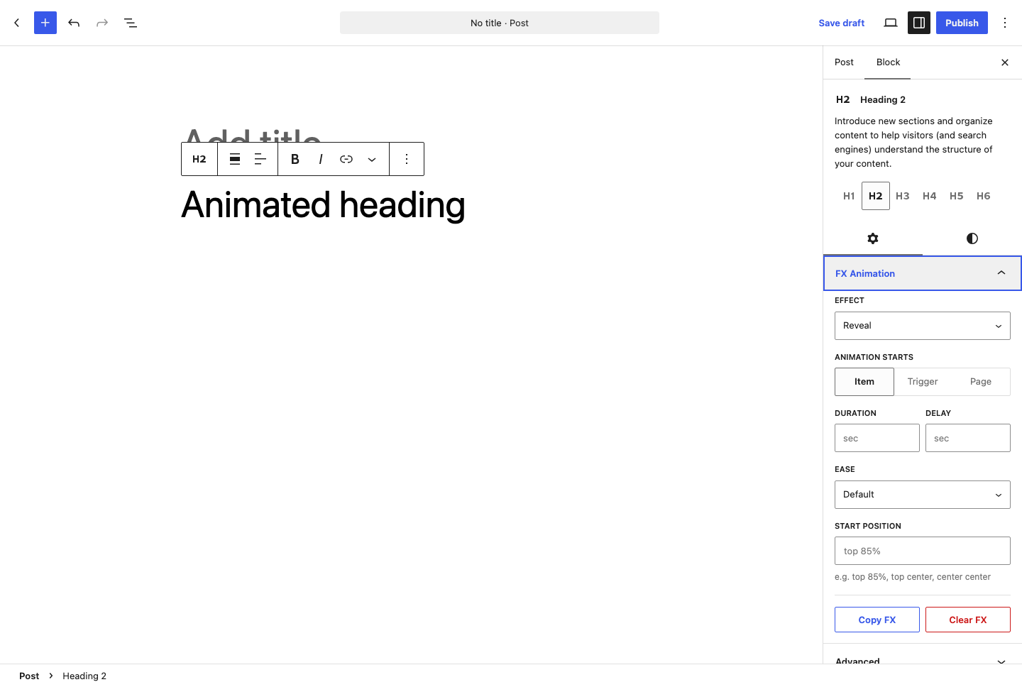 FanCoolo FX Animation panel in the block editor