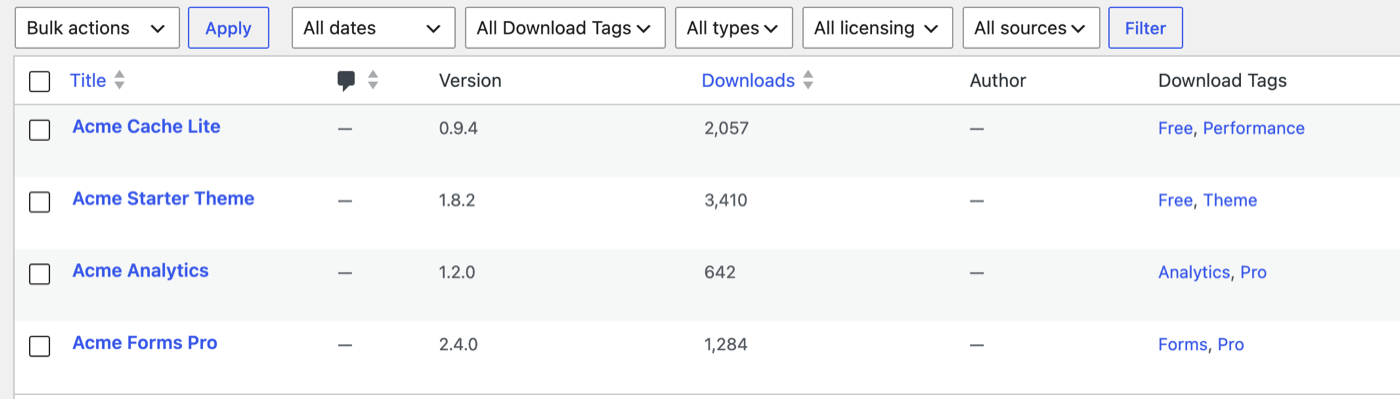 Downloads list with tags, filters and download counts