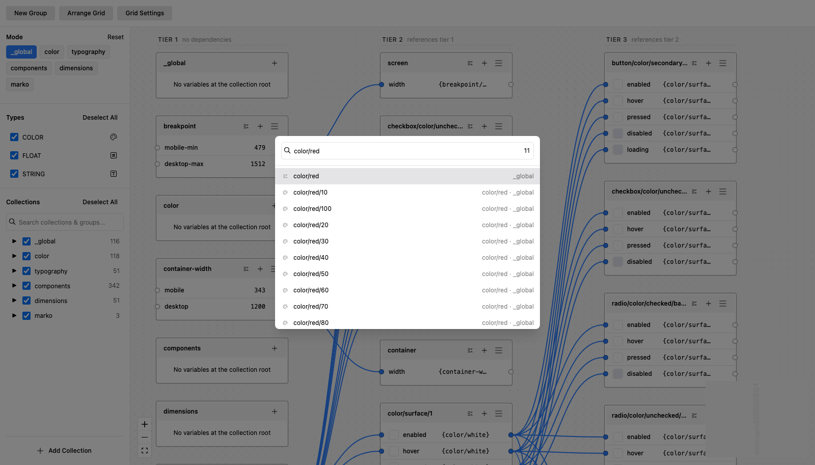 Winden Tokens: the relationships graph with tier captions and quick search