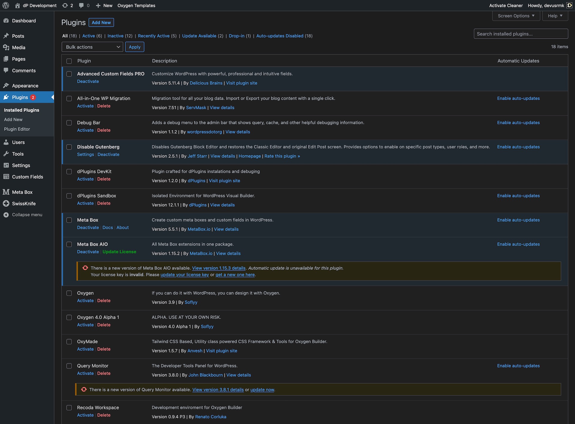 Wordpress plugins list dark theme