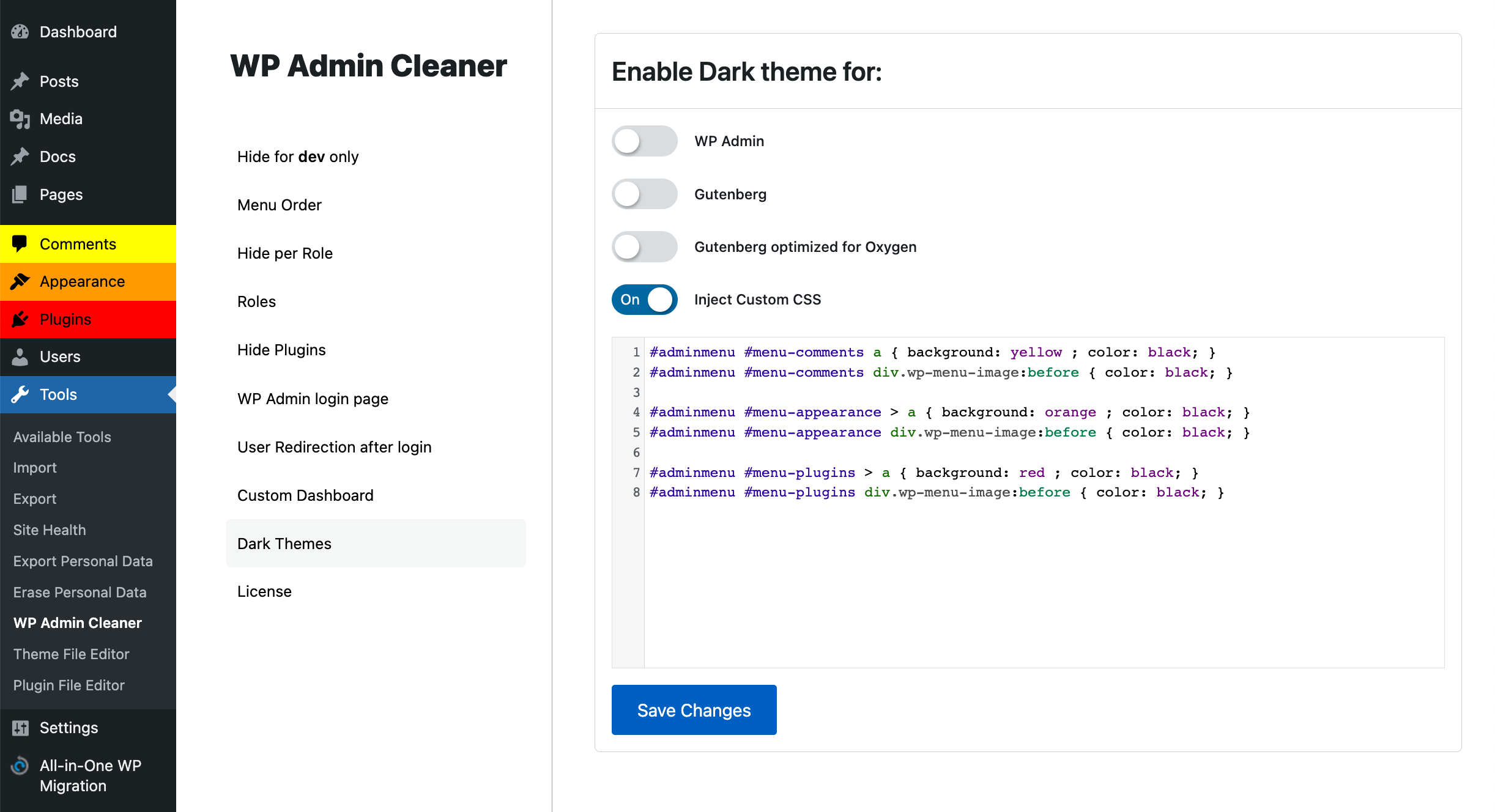 wp admin cleaner inject css into wp admin