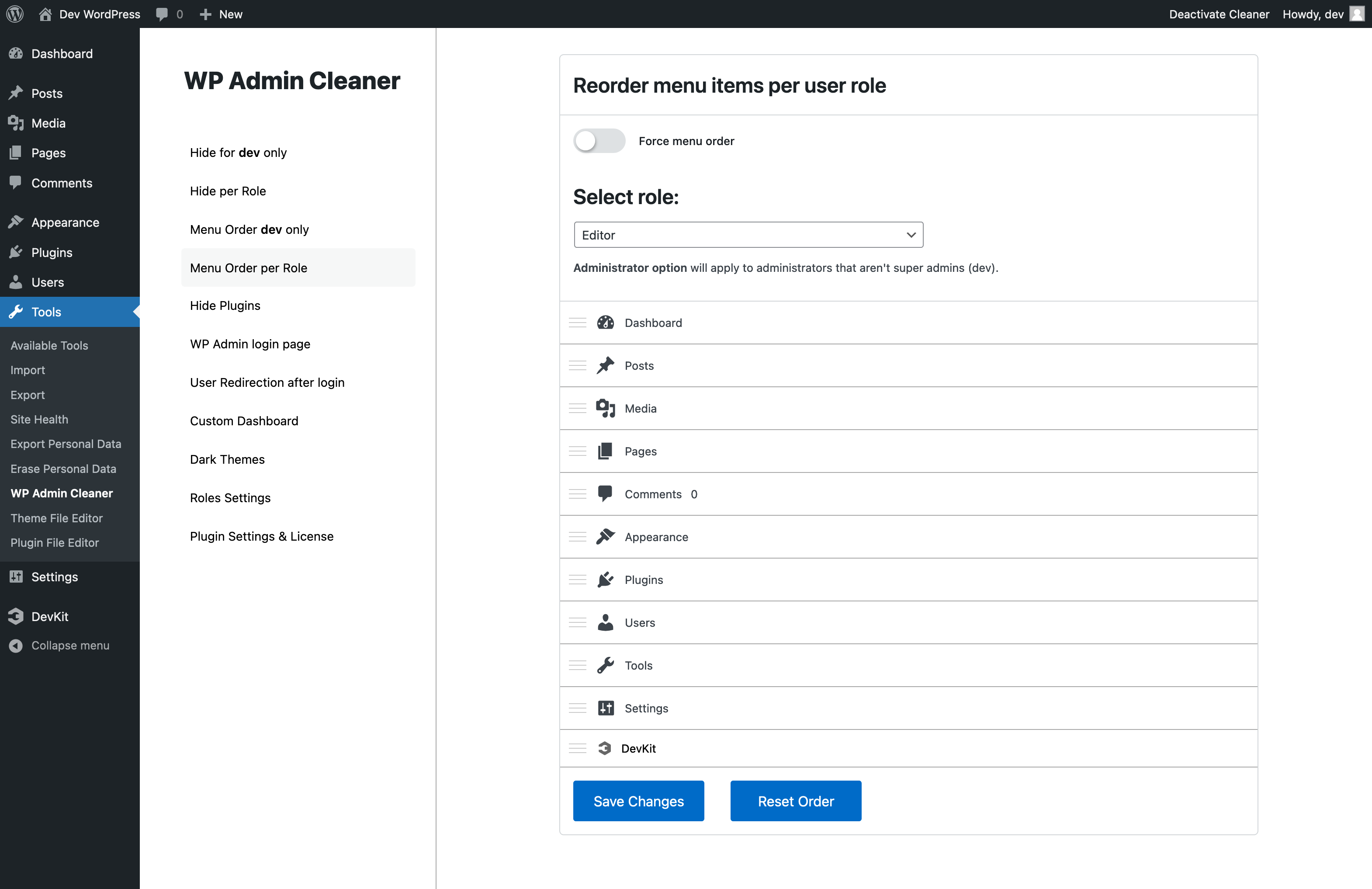 wp admin cleaner menu order per user role